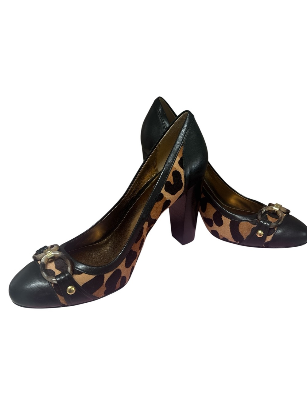 Coach Taffy Women’s Leopard Print Calf Hair Block Heel Pumps - Black & Brown